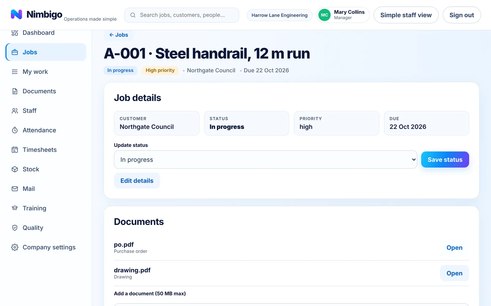 A Nimbigo job page with status, details and documents
