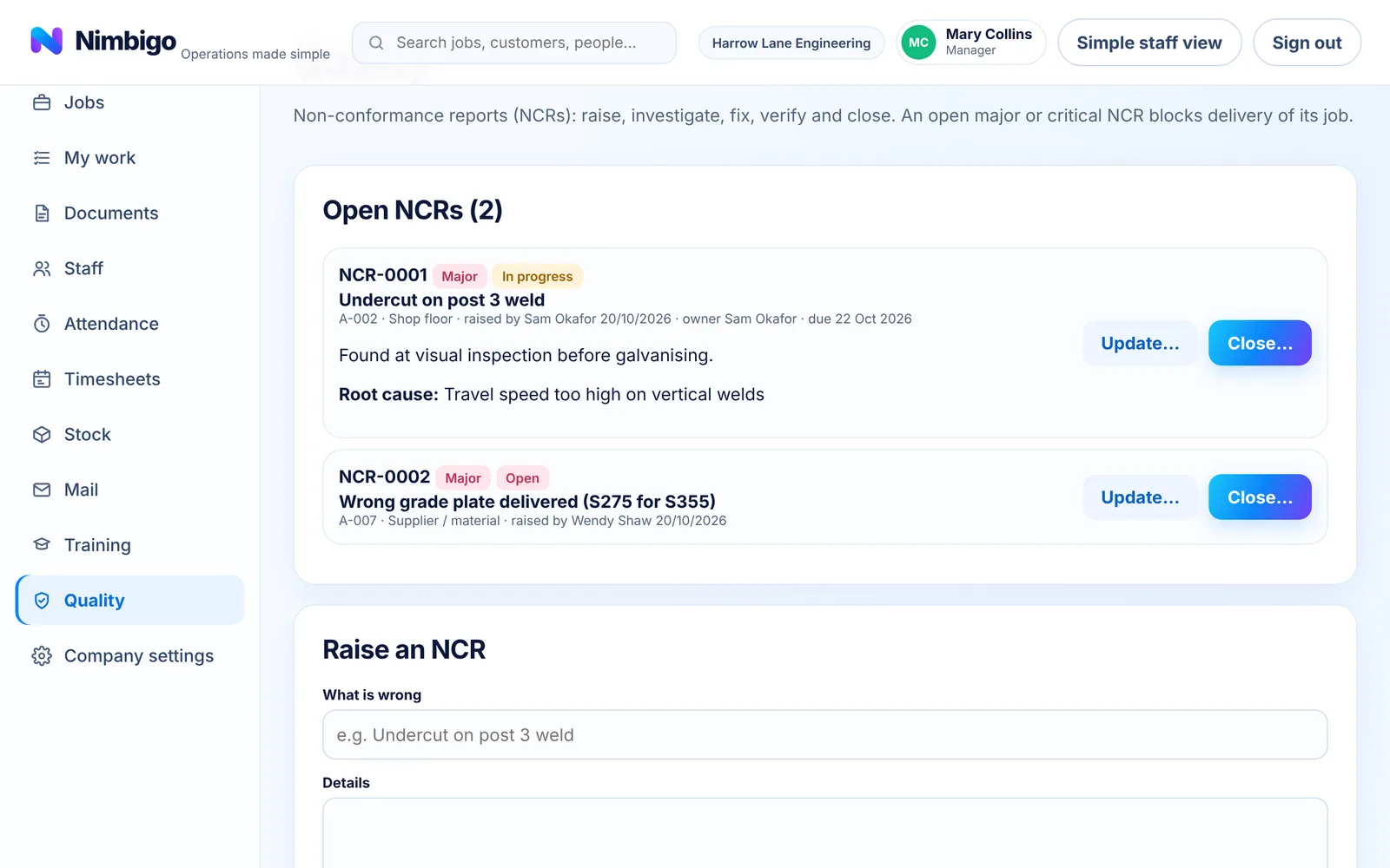 Nimbigo quality page with open NCRs